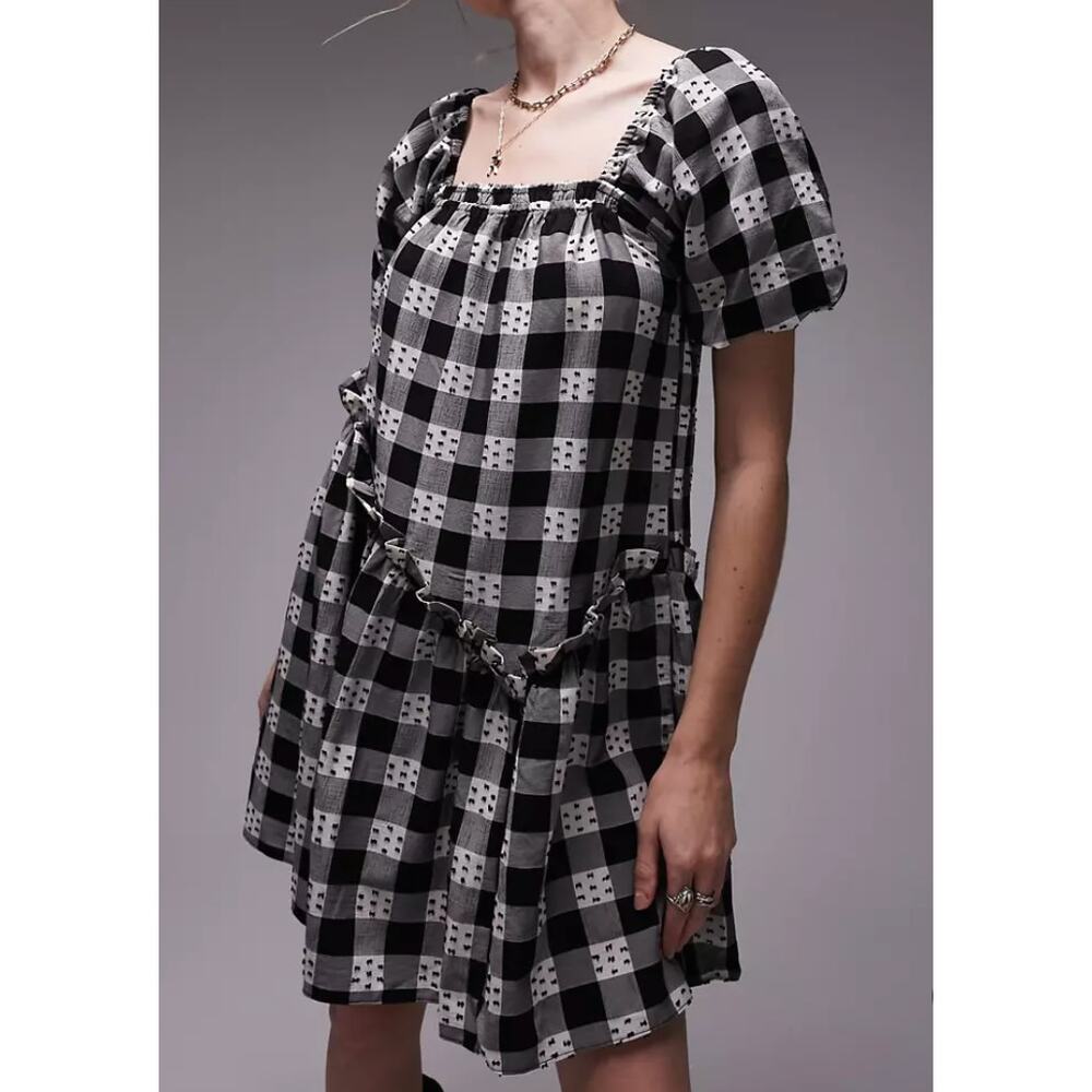 Topshop MINI DRESS Check Dobby Chuck Paid | Black & White, Sz 12 - Picture 2 of 5